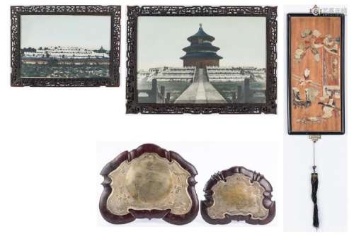 2 Framed Chinese Photos, 1 Hardstone Plaque & 2