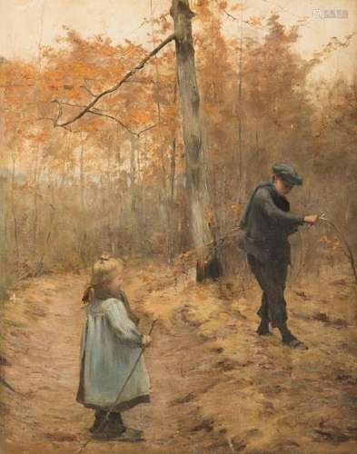 19th C. Landscape, Children on a Woodland Path