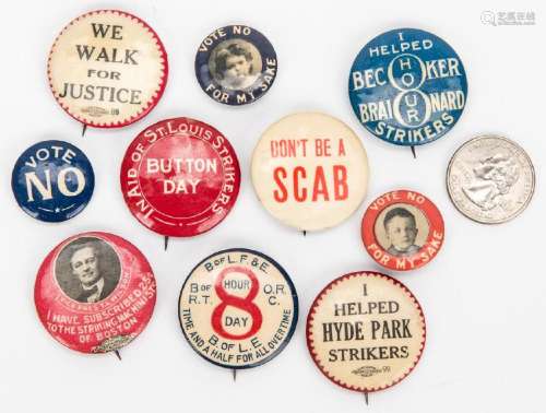 10 Early 20th C. Union Pinback Buttons, Some Rare