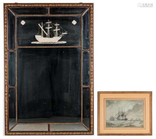 English School Watercolor of Masted Ships & Mirror w/