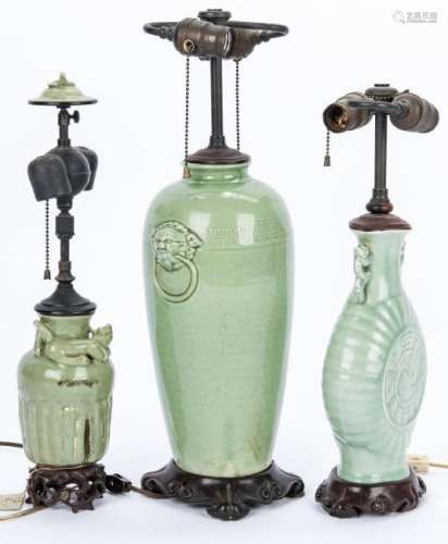 3 Celadon Vessels Mounted as Lamps