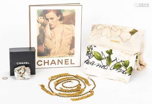 5 Chanel Items, incl. Camillia Flower Brooch, Scarves