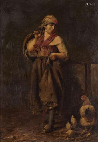 O/C Italian Peasant Girl Feeding Chickens, Attr. Vince