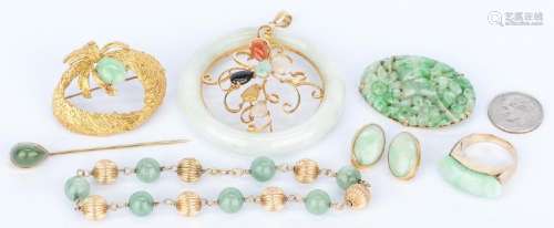 7 Gold and Nephrite Jade Jewelry items