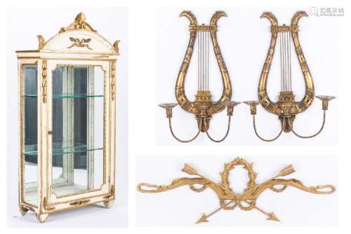 Neoclassical Style Hanging Curio Cabinet, w/ Sconces &
