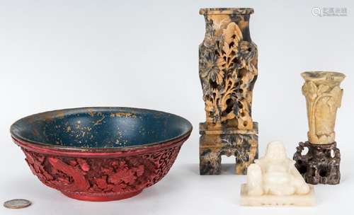 3 Carved Hardstone Items & 1 Cinnabar Bowl