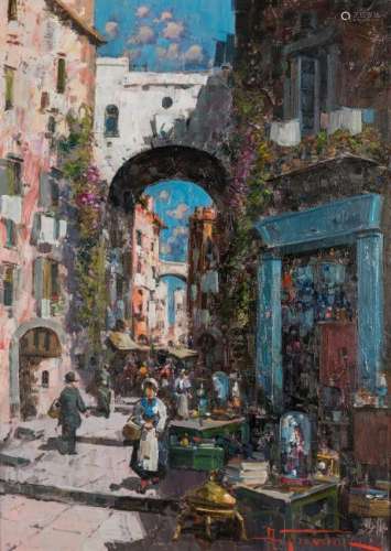 Signed Italian Street Scene Oil on Canvas