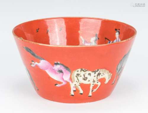 Chinese Porcelain Bowl, Red Ground with Figural