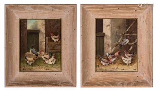 2 Chicken Farm Scene Paintings signed Rolf