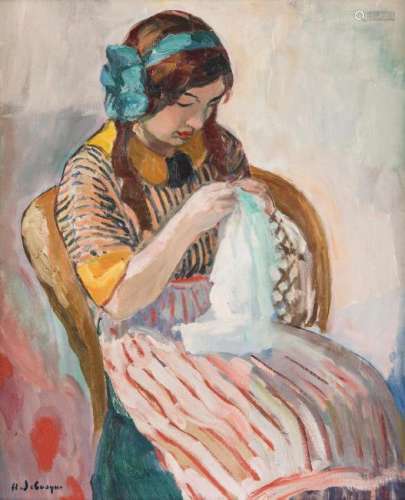 Henri Lebasque O/C, Girl Sewing
