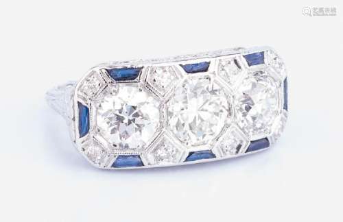 Art Deco Diamond Sapphire 3-stone Ring