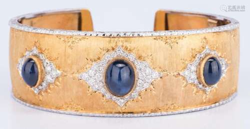 Italian 18k Sapphire Diamond Cuff, 55.7 grams