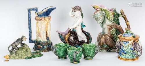 8 Items Majolica: Palissy, Monkeys, Cherubs