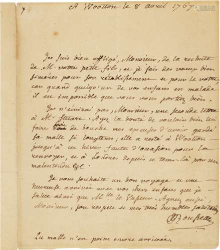 卢梭（Jean-Jacques Rousseau，1712～1778）流亡时期致房东亲笔信