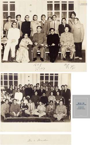 周恩来（1898～1976）、贺龙（1896～1969）出访东南亚五国期间与印度友人合影签名照