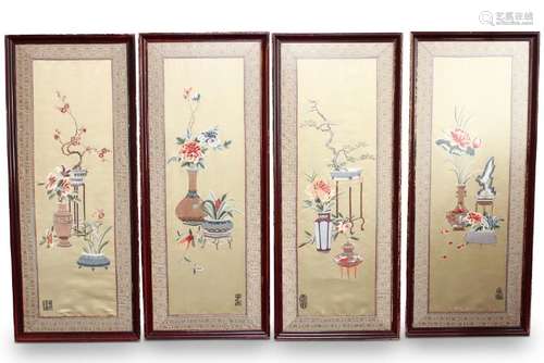 Wonderful Set of Four Large Chinese Embroideries,