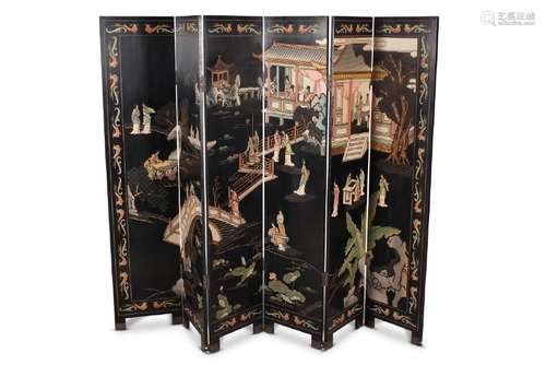 Chinese Six Panel Black Lacquer Screen,