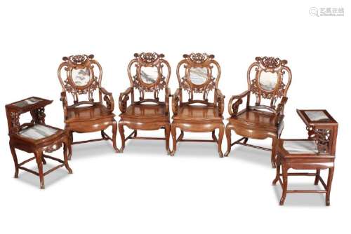 Splendid Set of Four Chinese Armchairs and Tables,