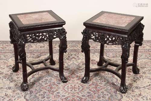 Pair of Chinese Ebonised and Pink Marble Side