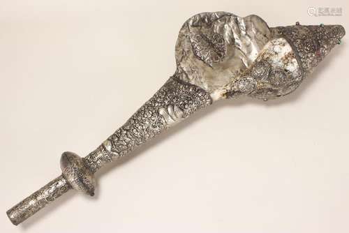 Large Tibetan Silver and Shell Ceremonial Trumpet,