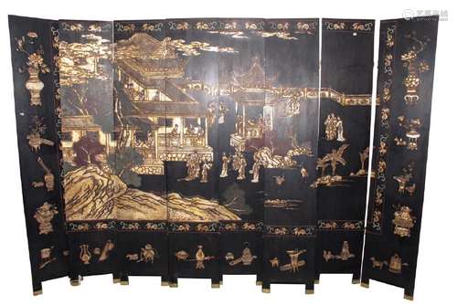 Large Chinese Eight Panel Black Lacquer Screen,