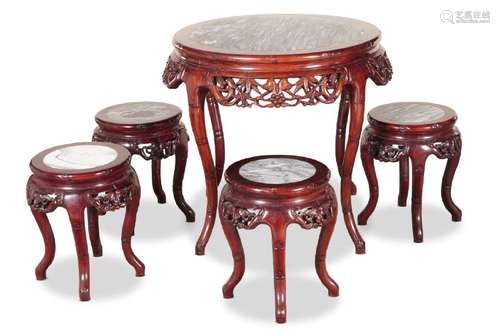 Chinese Marble Top Table and Four Stools,