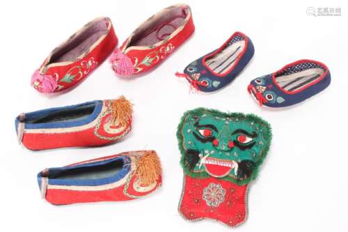 Group of Chinese Childrens Shoes and Silk Figure,