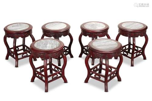 Set of Six Chinese Marble Top Stools,