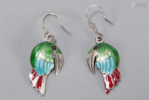 Pair of Mexican Sterling Silver & Enamel Earrings,