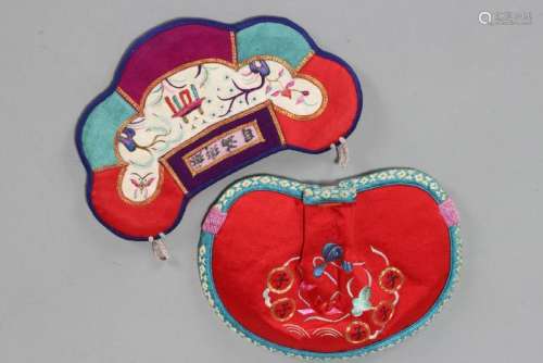 Two Chinese Embroidered Belt Purses,