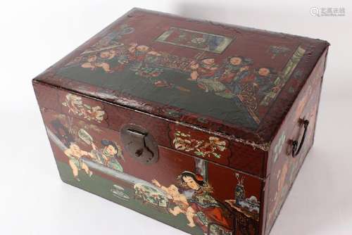 Chinese Red Lacquer and Painted Trunk,