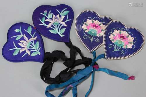 Two Pairs of Chinese Embroidered Silk Ear Muffs,