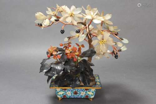 Chinese Hardstone Tree and Cloisonne Jardinière,