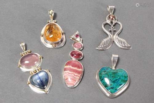 Five Assorted Sterling Silver and Stone Pendants,