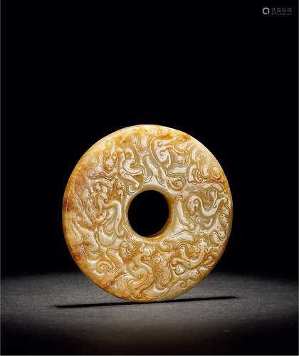 宋·白玉带沁螭龙纹璧 SONG DYNASTY  A RUSSET JADE DISC WITH 'CHI' PATTERN