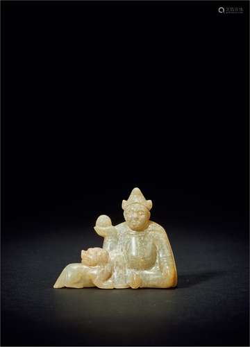 明·青白玉雕胡人驯狮摆件 MING DYNASTY  A PALE CELADON JADE CARVING GROUP OF FIGURE AND LION