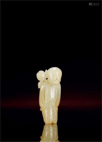 清·白玉雕持莲童子 QING DYNASTY  A WHITE JADE FIGURE OF A LOTUS-HOLDING BOY