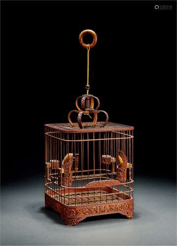 清·竹雕喜鹊登梅纹鸟笼 QING DYNASTY  A BAMBOO BIRD CAGE WITH PLUM TREE AND MAGPIE PATTERNS