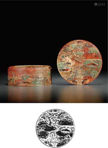 清·寿山石加彩亭台楼阁盖盒 QING DYNASTY  A SHOUSHAN STONE CASE AND COVER WITH LANDSCAPE PATTERN