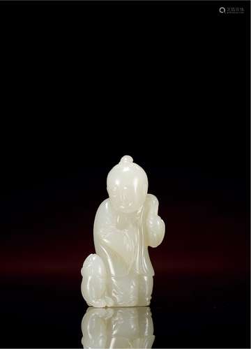 清·白玉雕童子持灵芝把件 QING DYNASTY  A WHITE JADE 'BOY' CARVING GROUP