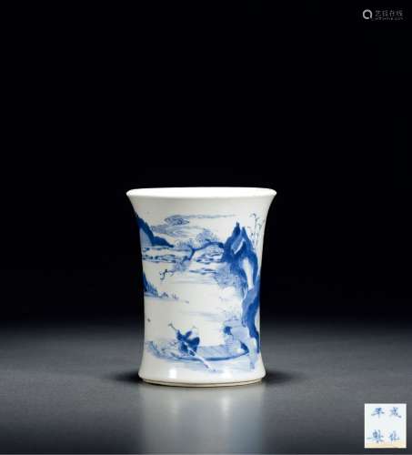 清康熙·青花人物故事图笔筒 KANGXI PERIOD, QING DYNASTY  A BLUE-AND-WHITE BRUSHPOT WITH FIGURE PATTERN