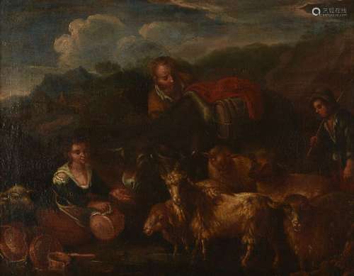 Circle of Francesco LondonioRustics with their flock, a pair