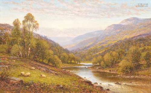 Alfred Augustus Glendening (British 1840-1910)Highland river landscape with fishermen in the foregro