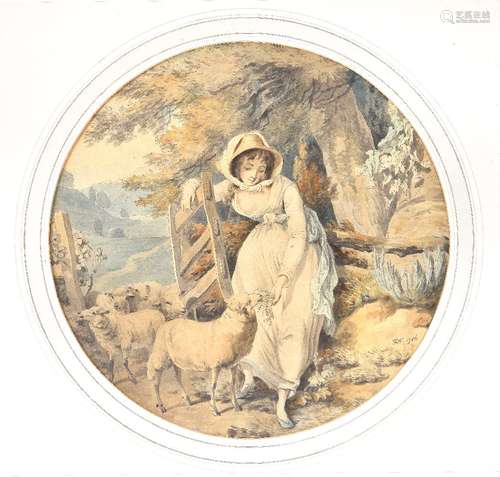 Francis Wheatley (British 1747-1801)A shepherdess with sheepWatercolour and pen