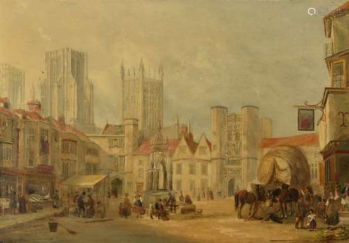 Henry C. Gritten (Australian 1818-1873)View of The Market Square, Wells, with the cathedral beyond