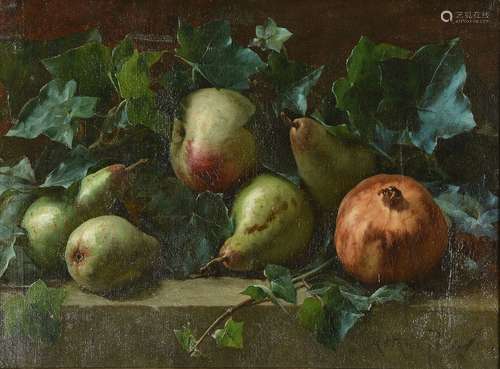 Arthur Potter (British fl. 1880)Still life of pears, an apple and pomegranate amongst ivy