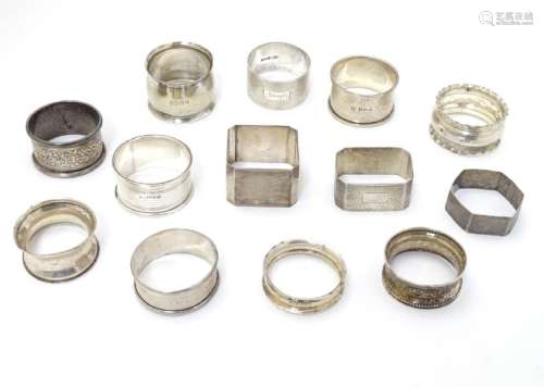 13 assorted silver napkin rings various dates and