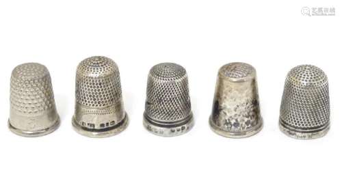 5 assorted thimbles including 2 hallmarked silver