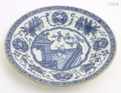 A 19thC Chinese blue and white dish, decorated with