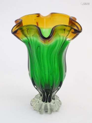 Glass : a mid 20thC Studio glass vase with fluted wavy